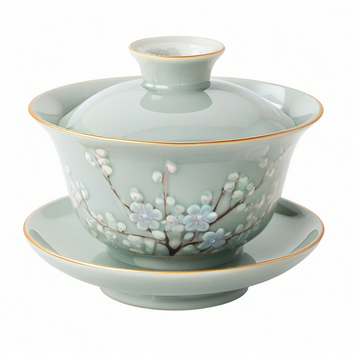 Ensemble Gaiwan en porcelaine avec lotus dorés