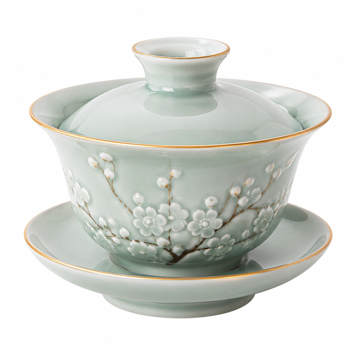 Ensemble Gaiwan en porcelaine avec lotus dorés