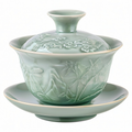 Gaiwan en céramique vert céladon à motif de feuilles sculptées
