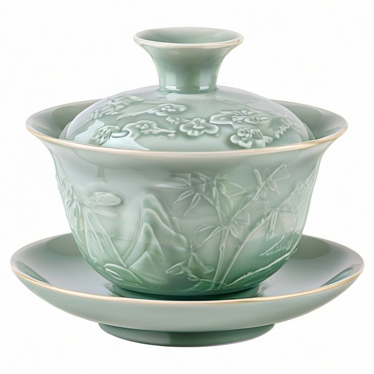 Gaiwan en céramique vert céladon à motif de feuilles sculptées