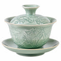 Gaiwan en céramique vert céladon à motif de feuilles sculptées