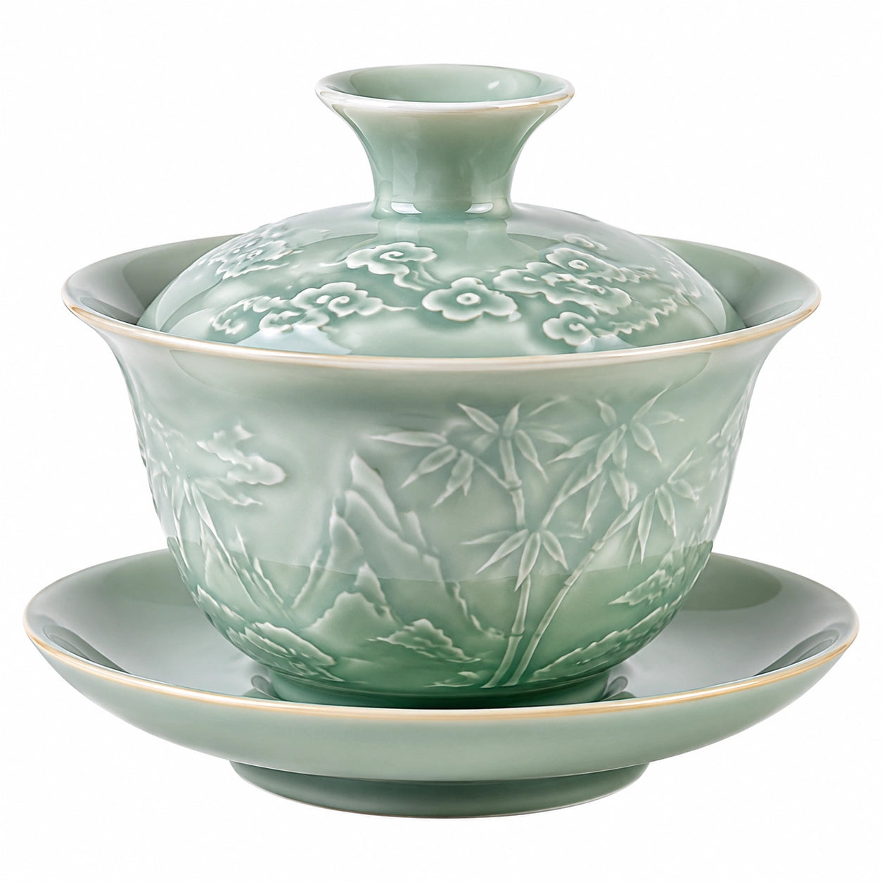 Gaiwan en céramique vert céladon à motif de feuilles sculptées