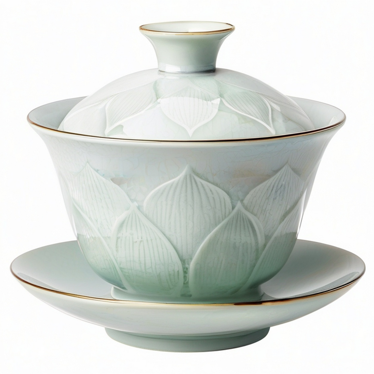 Gaiwan en Porcelaine avec Motif Floral Magnolia, Vert Pâle