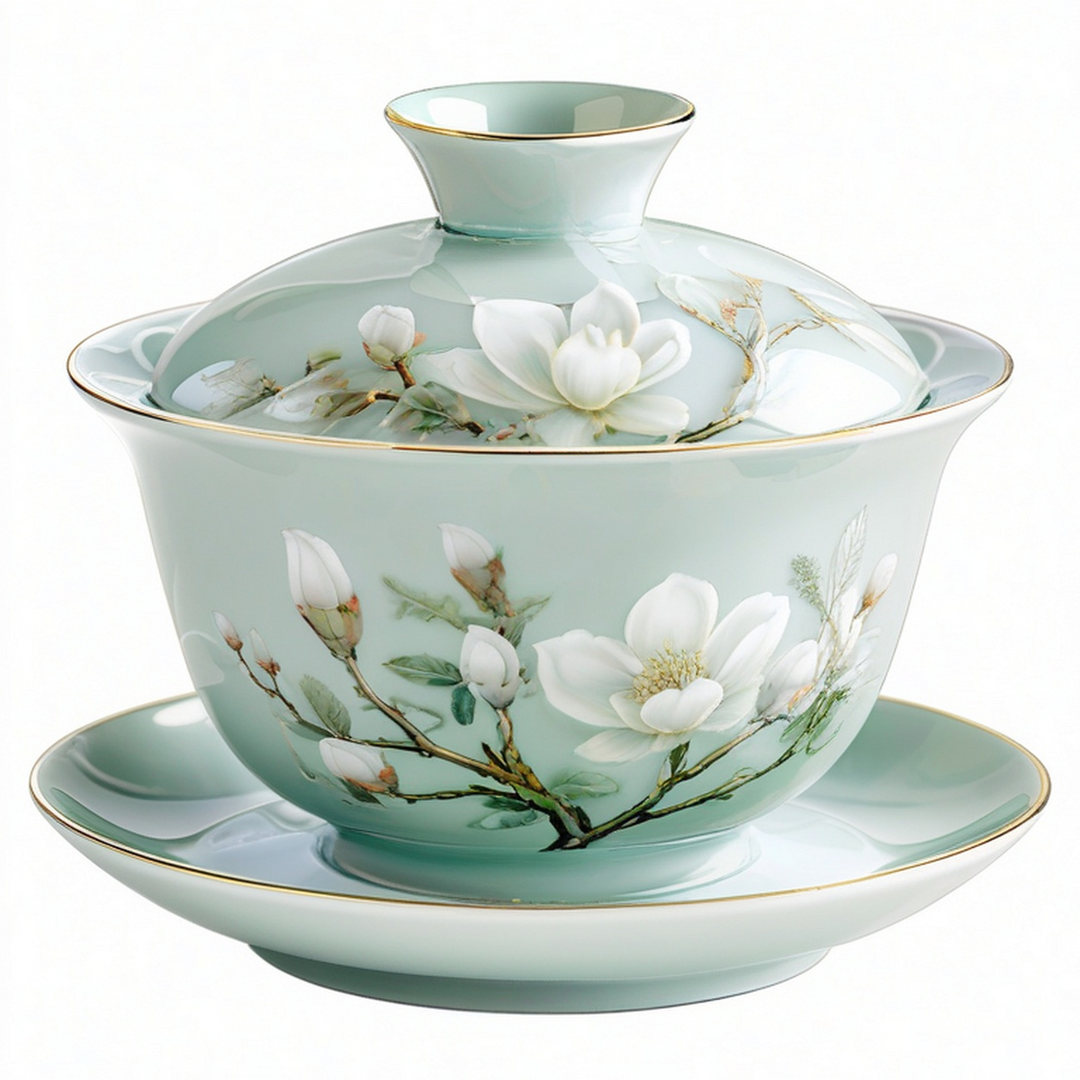 Gaiwan vert avec motif lotus doré