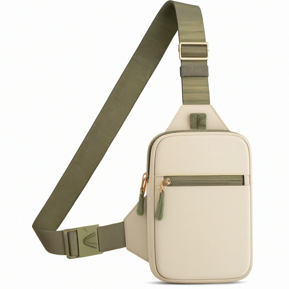 Sac à bandoulière triangulaire vert kaki/ivoire avec multiples poches