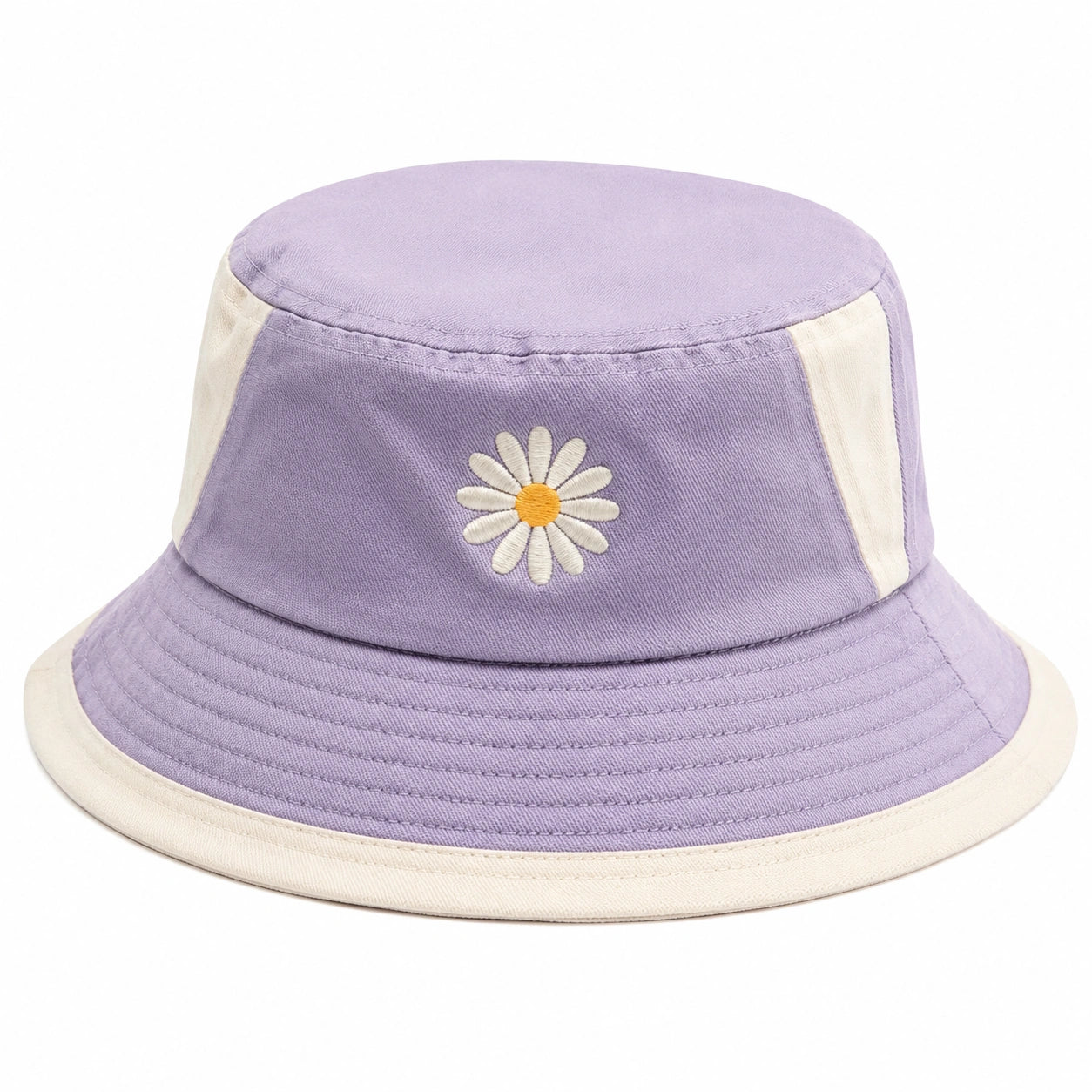 Chapeau bob violet et blanc avec broderie de marguerite