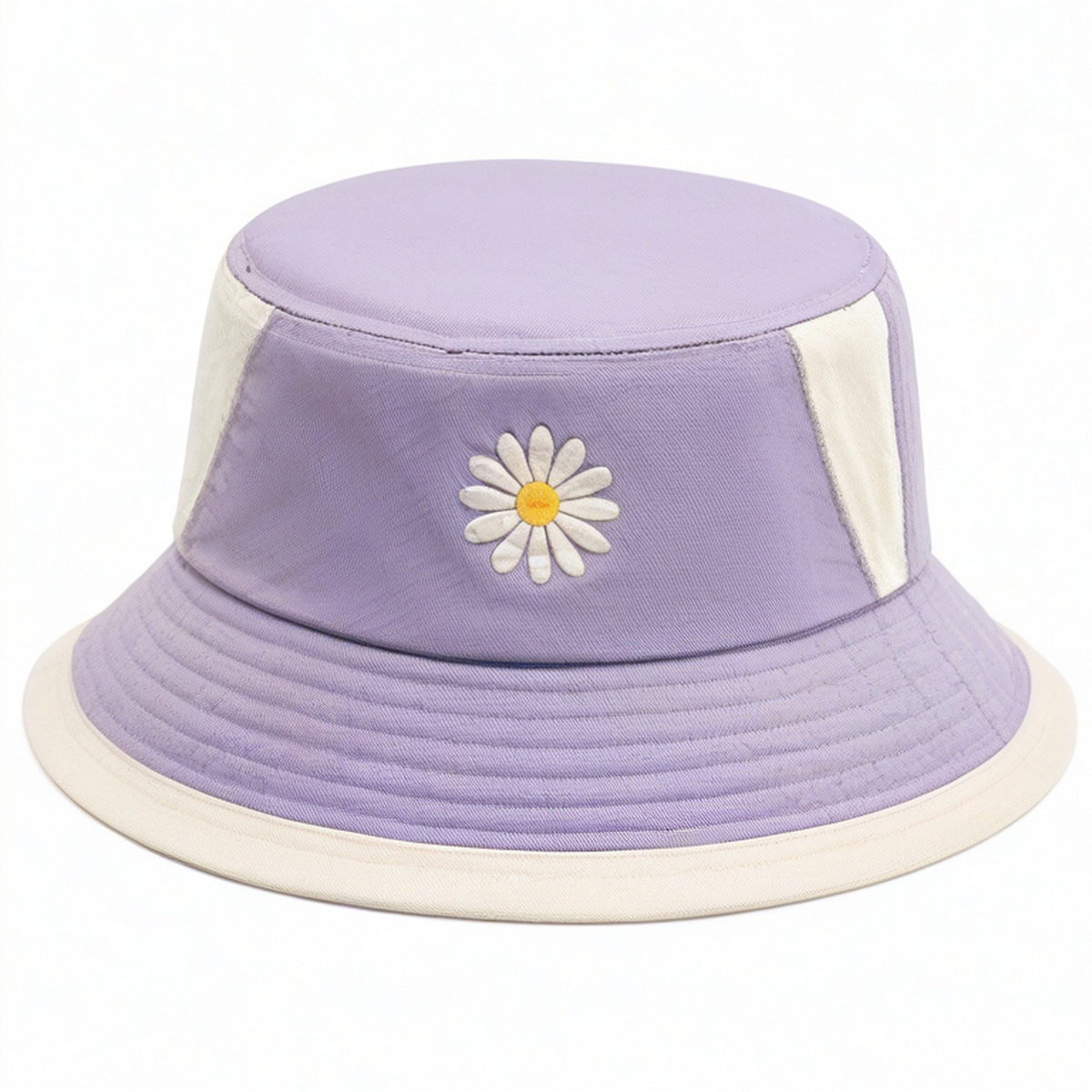 Chapeau bob violet et blanc avec broderie de marguerite