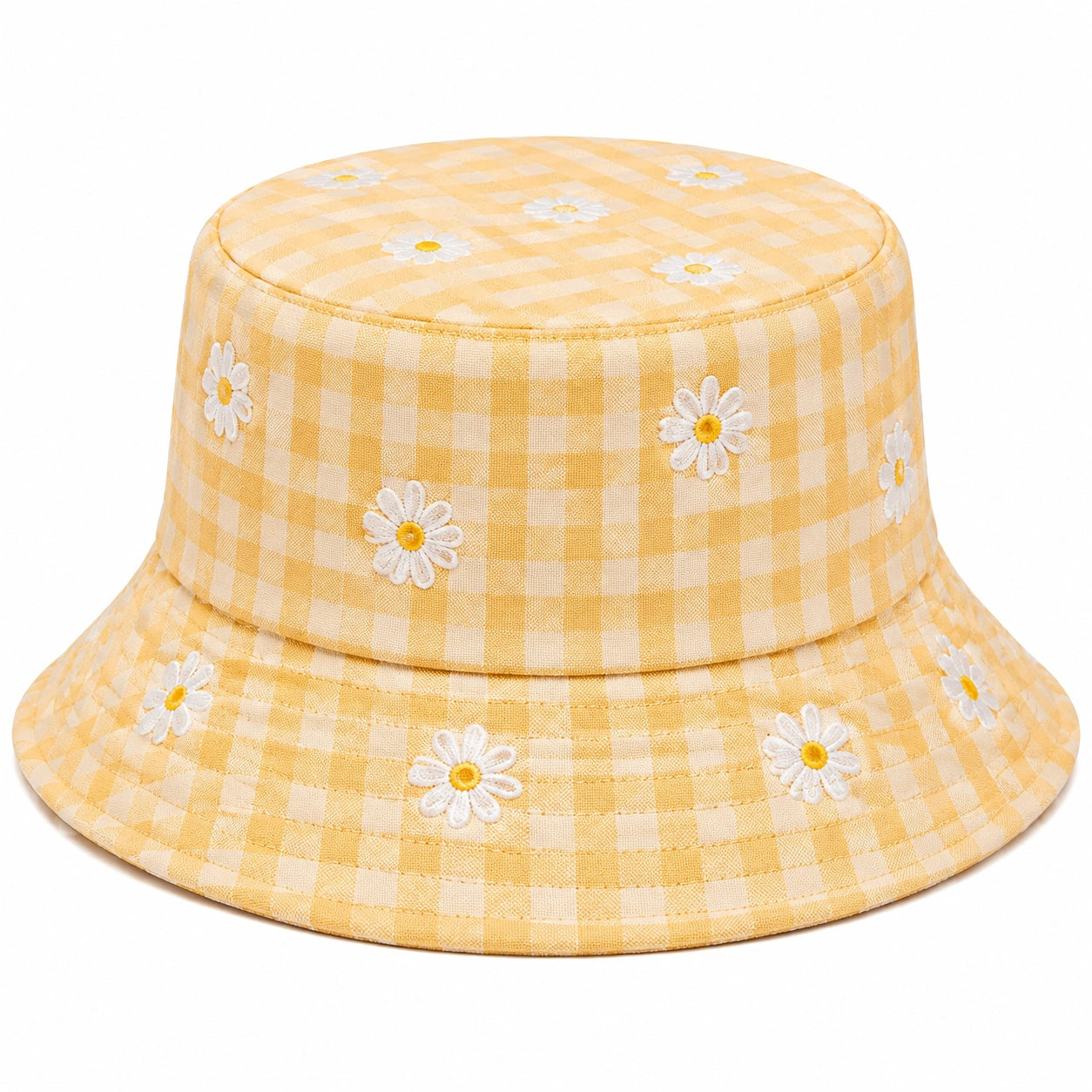 Chapeau Bob Vichy Jaune à Fleurs Brodées