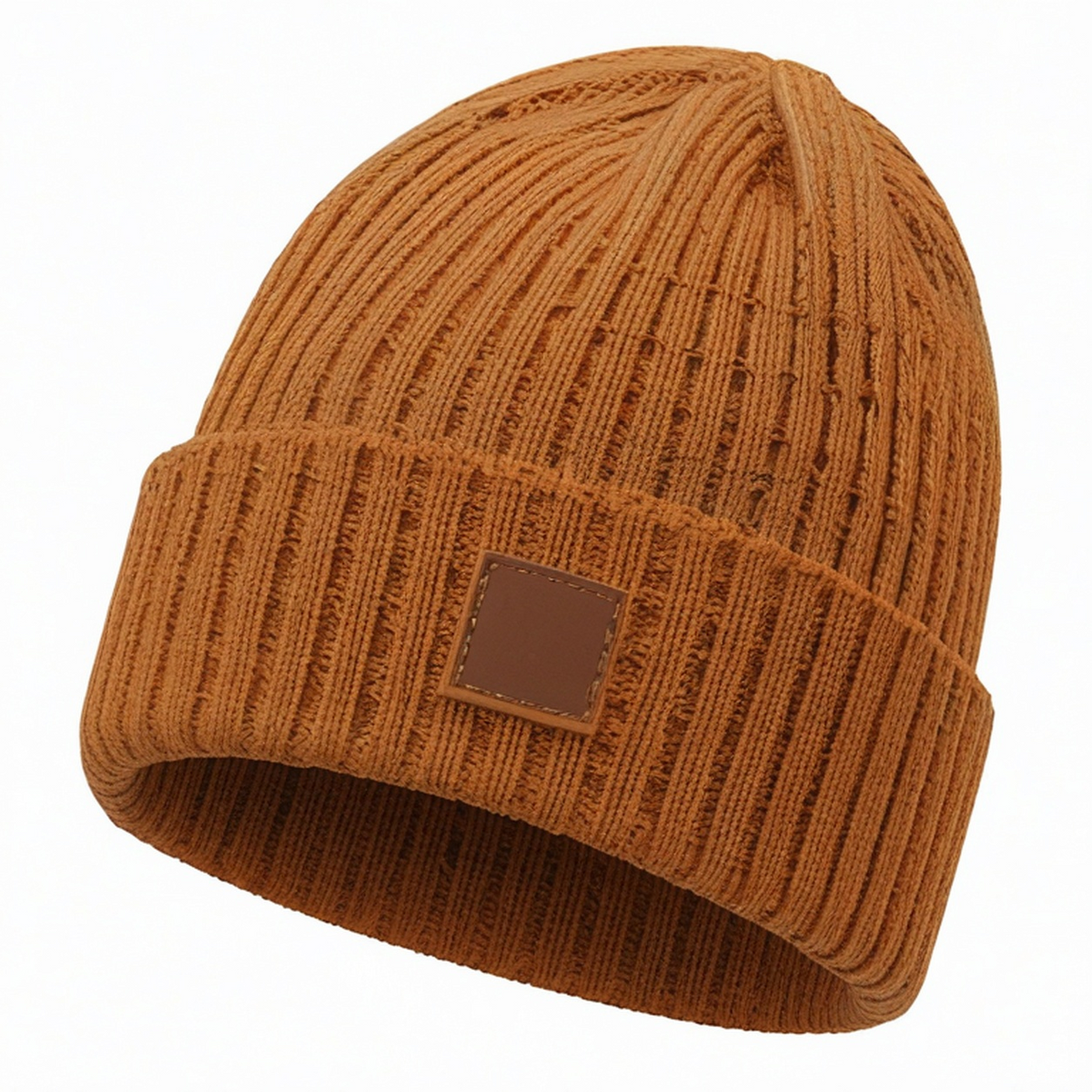 Bonnet côtelé marron avec étiquette décorative
