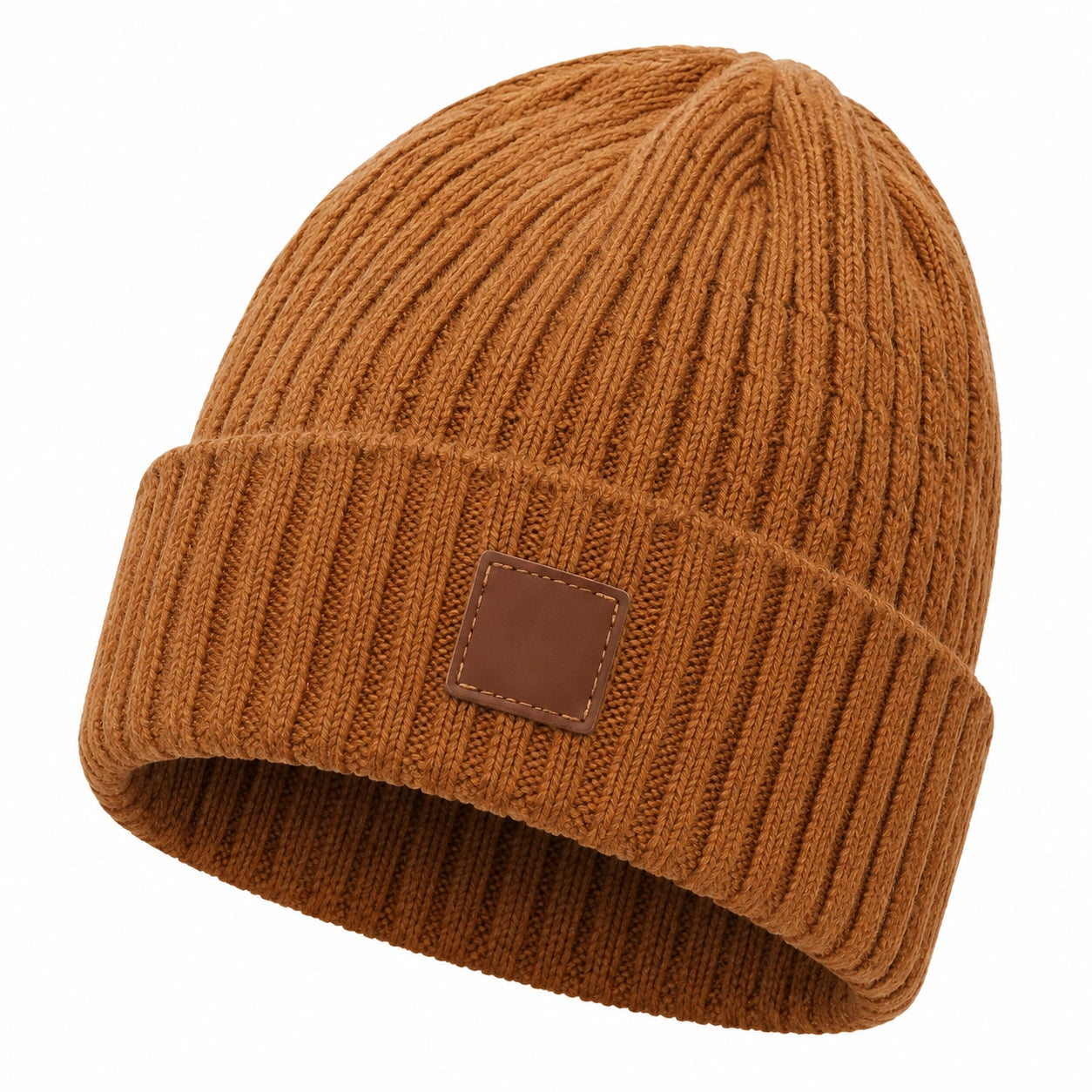 Bonnet côtelé marron avec étiquette décorative