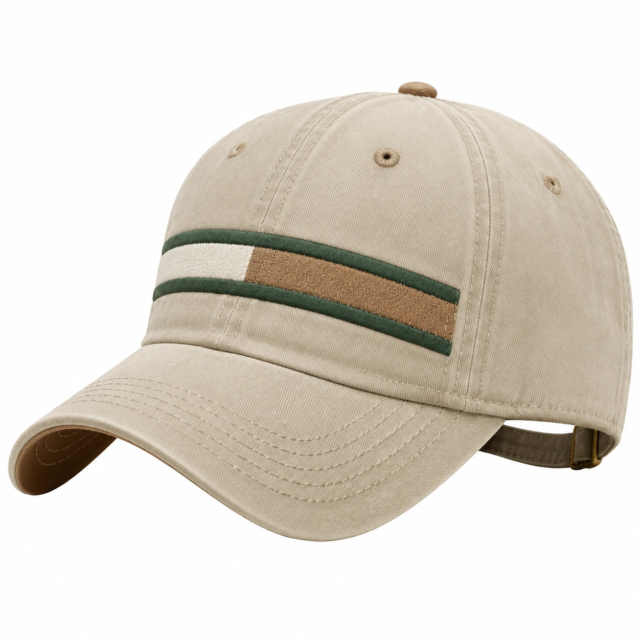 Casquette beige avec bandes vertes et brunes